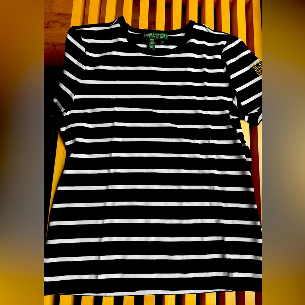 Women’s Ralph Lauren Active T-shirt Black and White with Gold Emblem Medium
